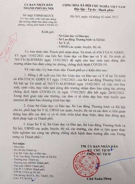 Công văn số 460 của UBND TP Hà Nội về việc học sinh, sinh viên tạm dừng nghỉ học phòng chống Covid - 19
